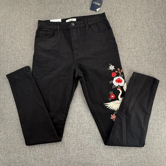 New! Forever 21 Black Skinny Jeans Embroidered Flowers & Bird High Rise 26 Waist - Picture 2 of 14